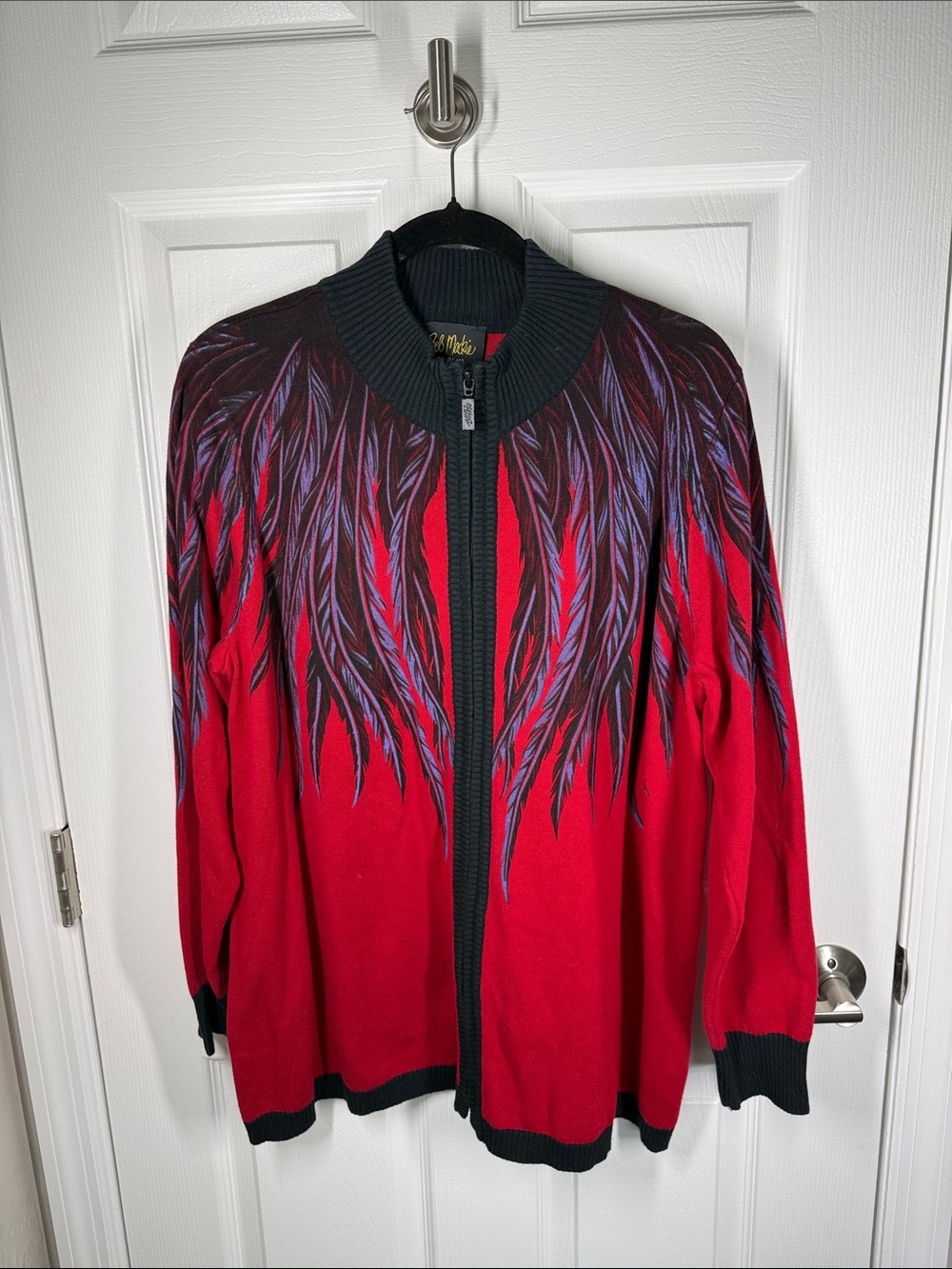 Bob Mackie Wearable art feather print zip front cardigan size 1X